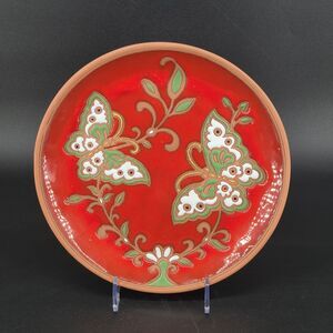Bonis Original Pottery Red Enamel Plate Round Hand Made Greece Butterfly